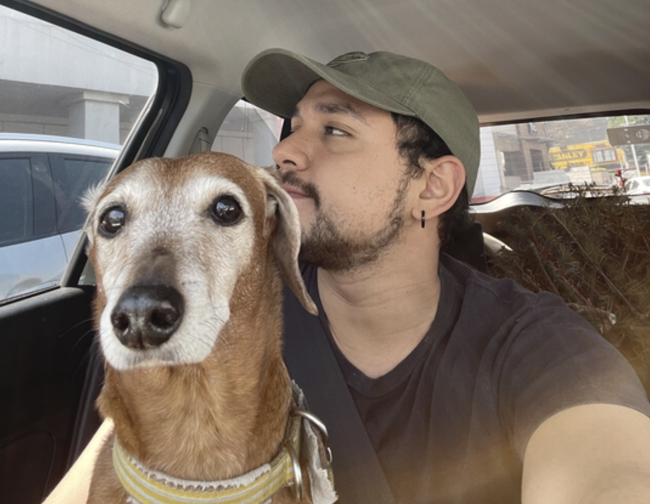 Juan Toledo in a car with his dog, a senior brown and white hound wearing a yellow striped collar
